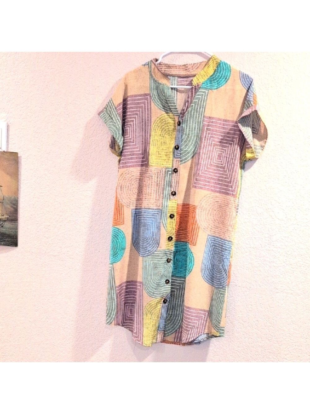 Geometric Colorful Button Up Dress V Neck Size Medium GUC - Picture 2 of 7